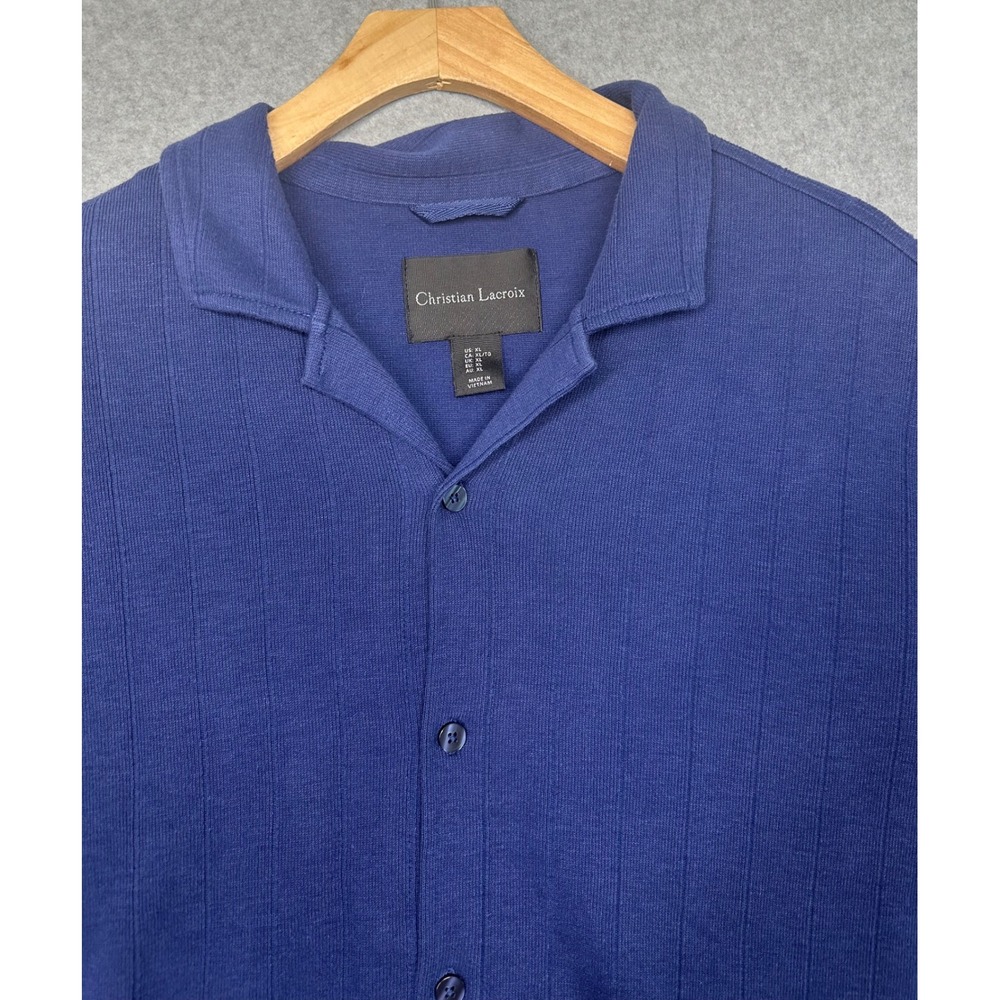 Christian Lacroix Men's Blue Ribbed Knit Short Sleeve Button Up Shirt